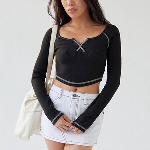 Urban Outfitters BDG Theo Notch Neck Long Sleeve Black Waffle Knit